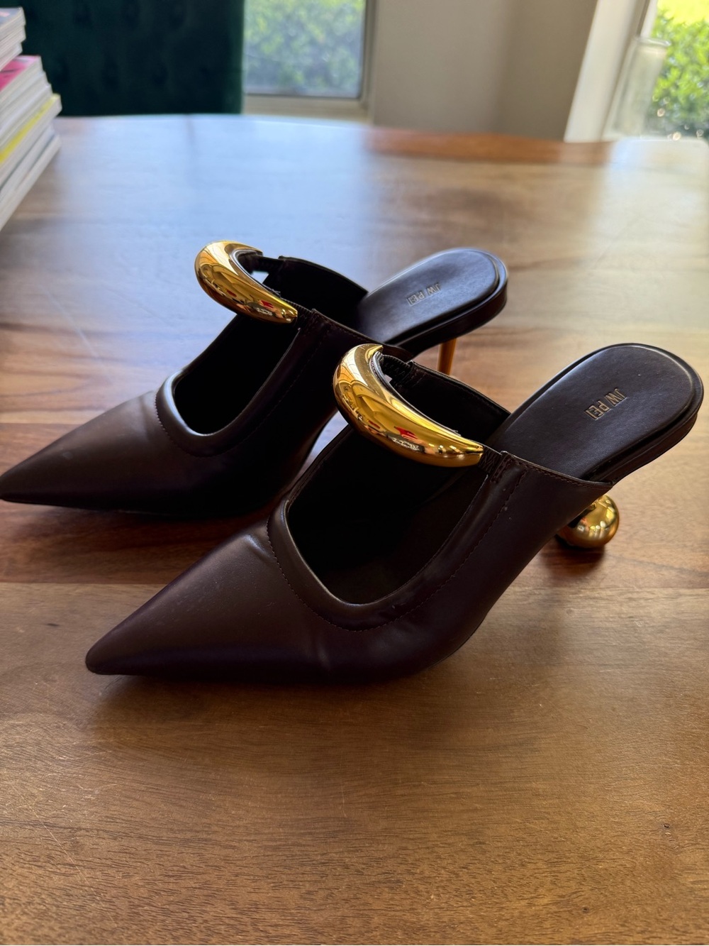 JW PEI Chocolate Brown Pointed Mule Heels with Gold Accents